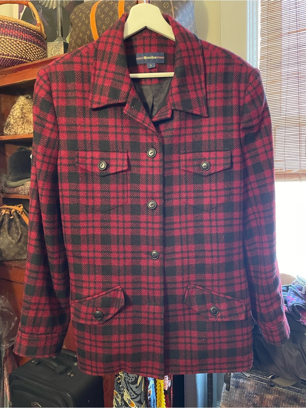 Wool-Blend Red & Black Plaid Utility Jacket